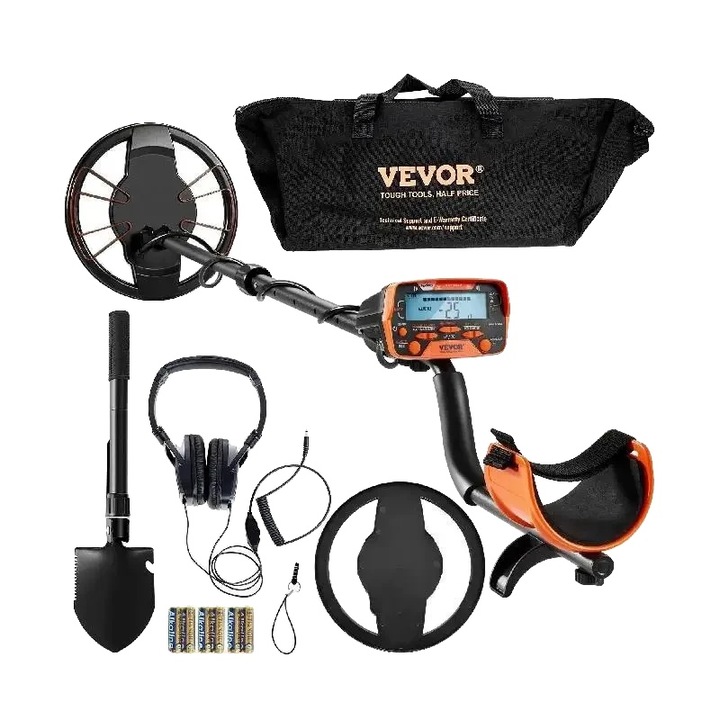 Fémdetektor, VEVOR, 10 hüvelykes, állítható fogantyú, 7 érzékelési mód, vízálló, teljes készlet