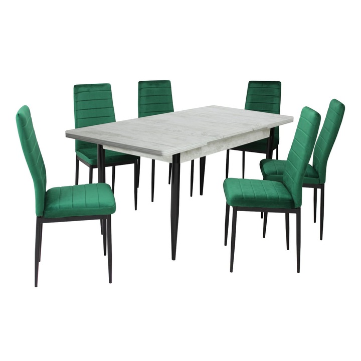 Set masa extensibila Aris Ash White cu 6 scaune Oscar, dreptunghiulara, blat din PAL laminat, picioare negre, tapiterie din material textil, verde, 130x78x80 cm