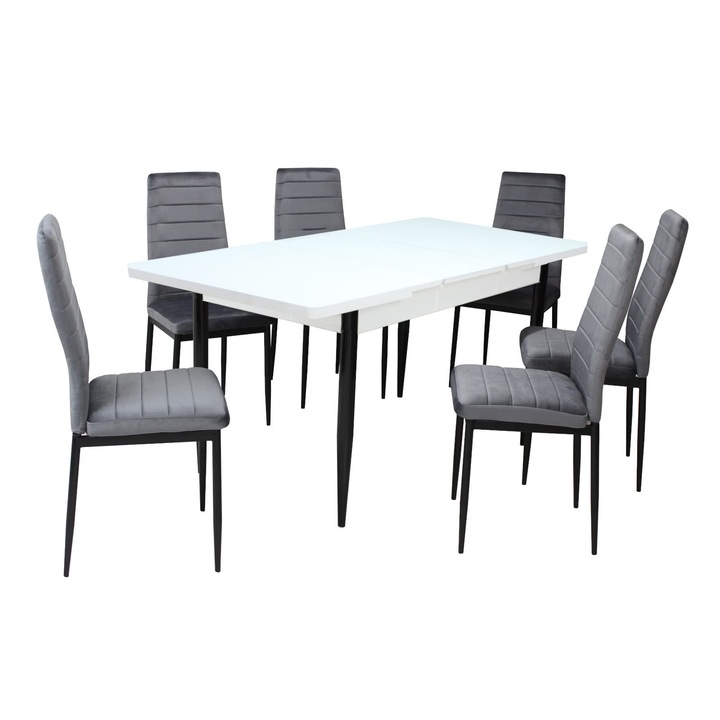 Set masa extensibila Alba cu 6 scaune Oscar, dreptunghiulara, sticla securizata, blat din PAL laminat, picioare negre, tapiterie din material textil, gri, 130x78x80 cm