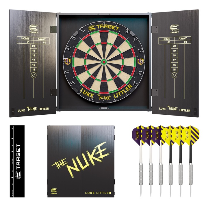 Komplett szett Darts Luke 'The Nuke' Littler kabinet, Darts tábla és Darts