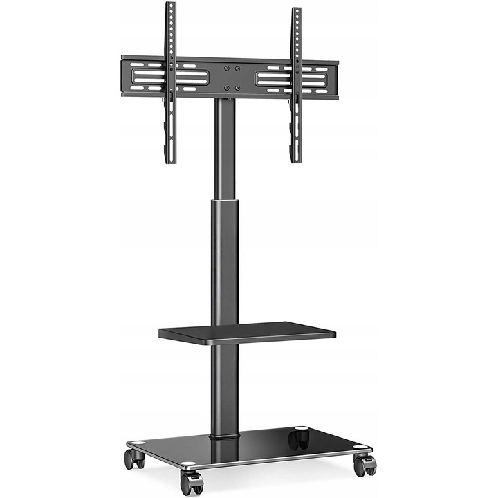 ТВ стойка Luka, 2 рафта, 32-60 инча, 30 кг, регулируема височина, заключващи се колела, черна