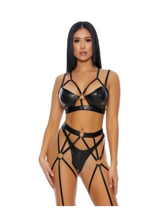 ForPlay szexi fehérnemű szett, gepárdmintás műbőr melltartó, arany pántok, válogatott bugyi és harisnyakötő, XL INTL