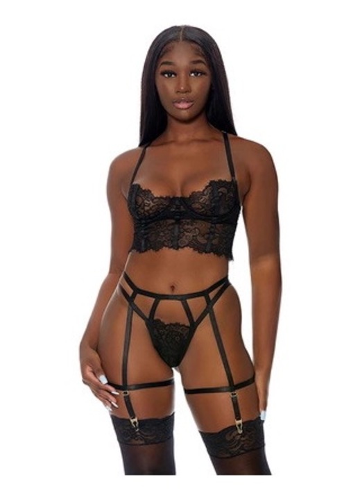 ForPlay Blooming Beauty szexi fehérnemű szett, csipke, hozzáillő bugyi, harisnyakötő