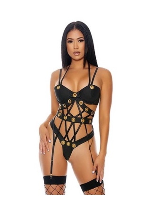 ForPlay szexi fehérnemű szett, gepárdmintás, arany pántok, matt műbőr, hozzáillő bugyival, XL INTL