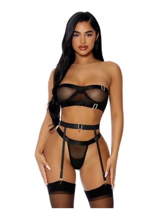 ForPlay hálós fehérnemű szett, szatén, pánt nélküli melltartó, harisnyakötő öv, hozzáillő bugyi, fekete