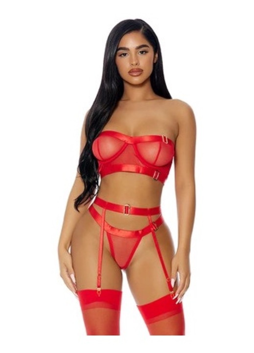 ForPlay szexi fehérnemű szett, szatén, pánt nélküli melltartó, harisnyakötő és bugyi, arany fémes részletek, piros, S INTL