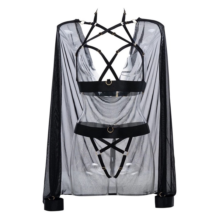 Set sexy Allure, top provocator cu bretele, pelerynka cu mansete, deschis, cu detalii aurii, marime unica