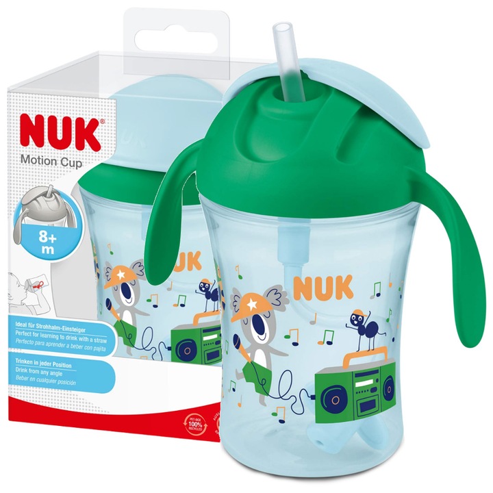 NUK Bögre szívószállal, 230 ml, polipropilén, ergonomikus, türkiz/zöld