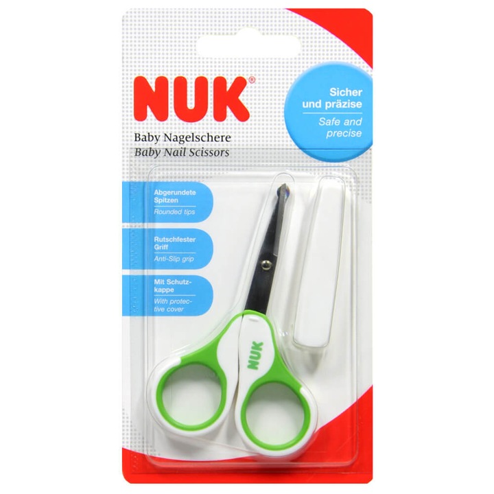 Foarfeca pentru unghii copii NUK, cu protectie, otel inoxidabil, manere antiderapante, verde