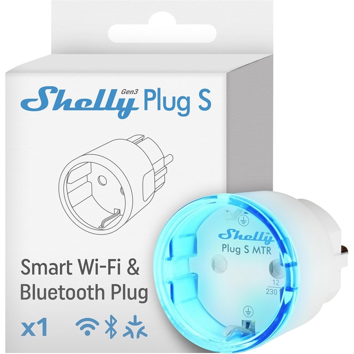 Priza inteligenta Shelly Plug S MTR Gen3 Alba, priza Wi-Fi si Bluetooth, control dispozitive electrice, sarcina maxima 12A, automatizare Smart Home, monitorizare consum energie, control de la distanta prin aplicatie