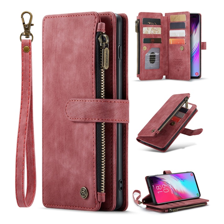 Husa pentru Samsung Galaxy S10 Plus, CaseME, Husa piele portofel, multifunctionala, curelusa mana detasabila, inchidere sigura magnetica, stand, buzunare carduri, bani, casti, chei, Rosu