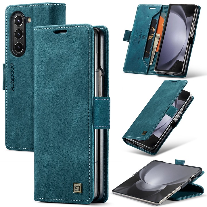 Husa pentru Samsung Galaxy Z Fold7 - Slim, piele moale cu textura aderenta tip piele intoarsa, portofel cu protectie RFID, functie stand pentru vizionare video, inchidere magnetica, CaseMe Retro, Albastru - Ocean Teal