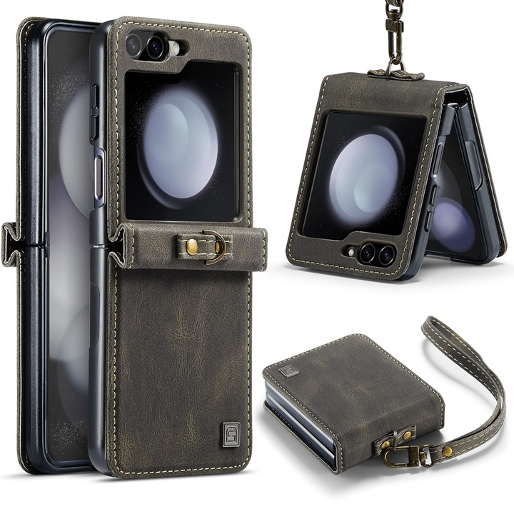 Калъф за Samsung Galaxy Z Flip5, CaseMe, мека текстурирана кожа, тип рамка, пълна защита, сваляща се каишка за ръка, кафяво