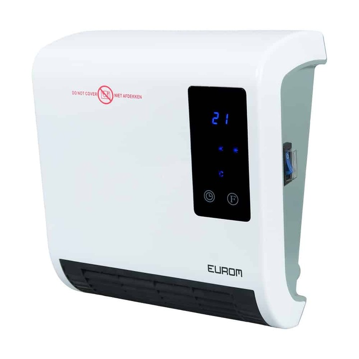 Aeroterma electrica de perete pentru baie Eurom, Sani Fanheat 2000R, temperatura reglabila max. 35°C, 2 trepte putere, timer, timer saptamanal, termostat, detectare geam deschis, panou tactil, display LCD, protectie impotriva supraincalzirii, alb