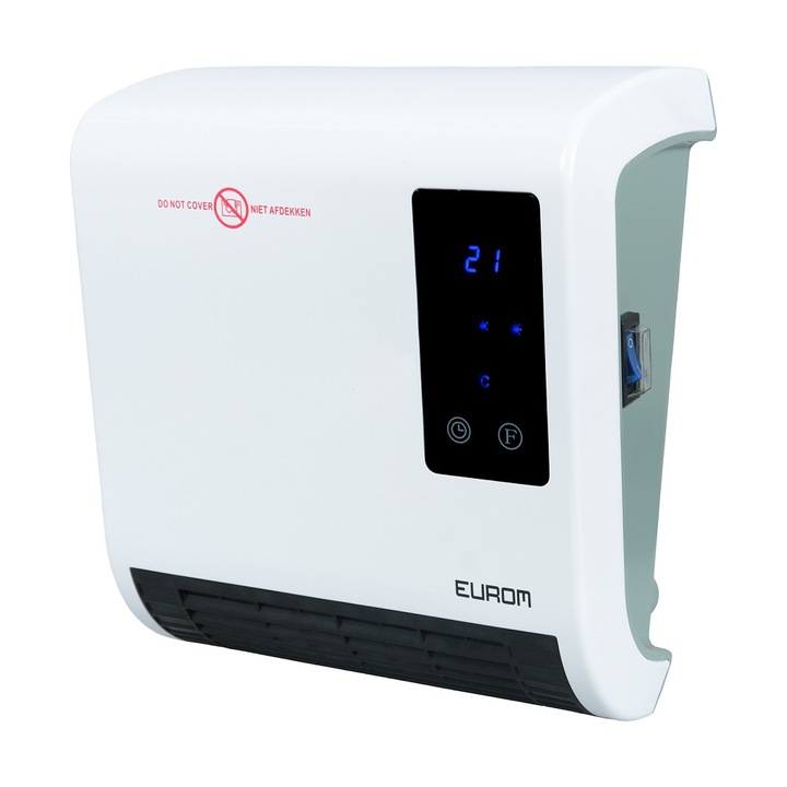 Стенен електрически нагревател за баня Eurom, Sani Fanheat 2000R, регулируема температура макс. 35°C, 2 степени на мощност, таймер, седмичен таймер, термостат, детекция на отворен прозорец, сензорен панел, LCD дисплей, защита от прегряване, бял