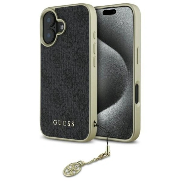 Husa telefon Guess Colectia 4G Charms, neagra, pentru iPhone 16 Plus 6.7", material TPU/piele ecologica, cu pandantiv