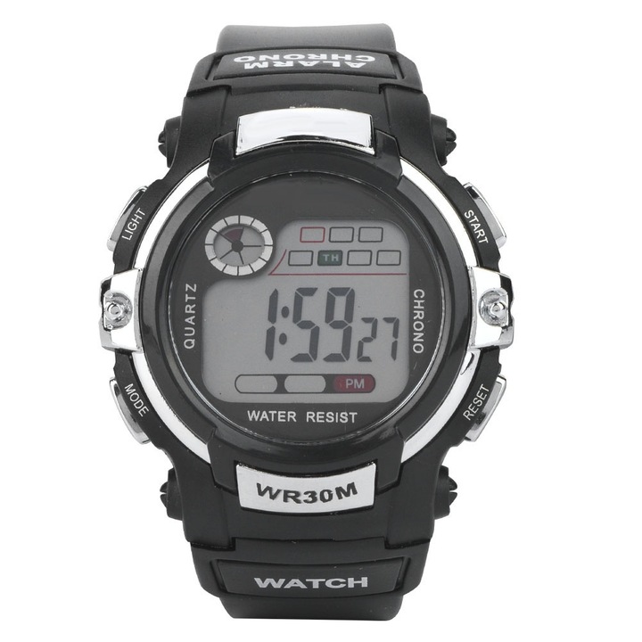 Ceas sport pentru copii Zeaicos, electronic, alarma, waterproof 30m, negru si argintiu, 24.5cm