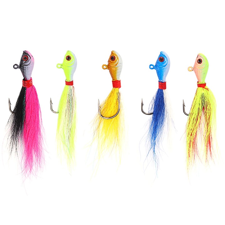 Set 5 carlige cu cap jig si pene de pescuit, Enforose, multicolor