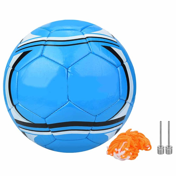 Jormftte futballlabda, RZ5335 modell, szintetikus bőr, kopásálló, kék, 5-ös méret, hálóval és felfújó tűkkel