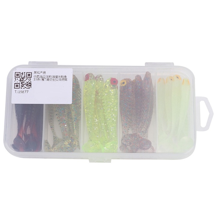 30 db-os, többszínű, 5,5 cm-es, könnyen szállítható PVC műcsali szett horgászathoz
