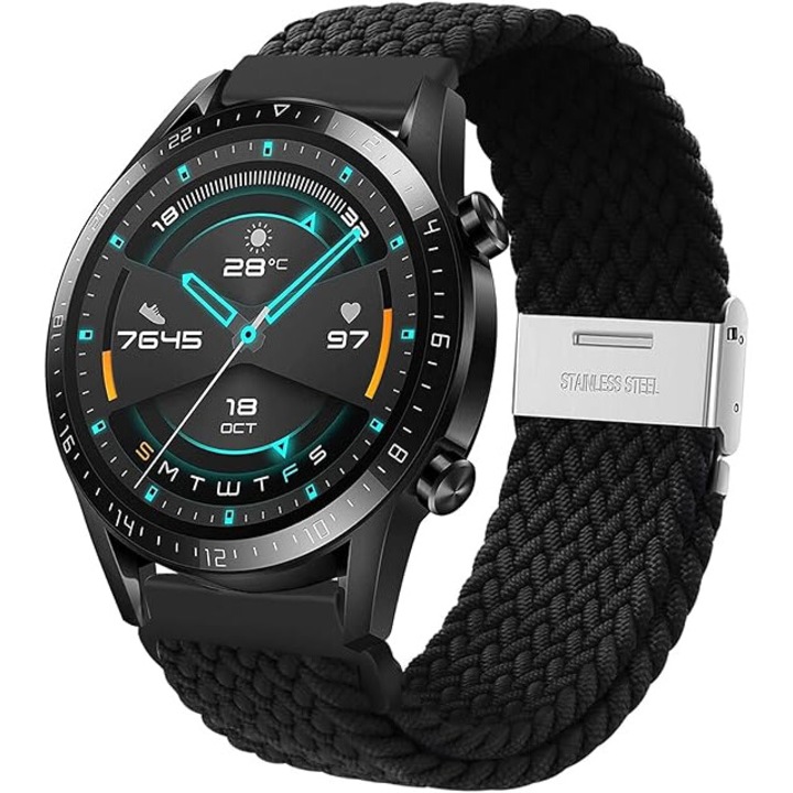 Curea din nailon impletit, compatibila cu ceasurile Huawei GT/GT2/GT3 si Samsung Galaxy Watch 3, 22mm, negru