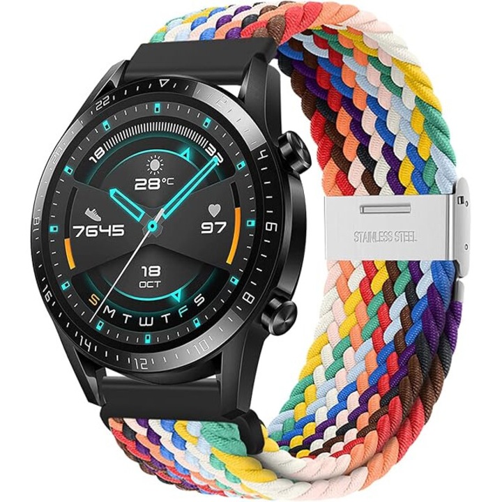Curea din nailon impletit, compatibila cu ceasurile Huawei GT/GT2/GT3 si Samsung Galaxy Watch 3, 22mm, in sapte culori ale curcubeului
