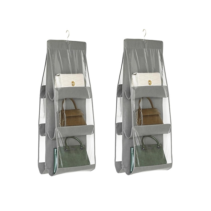 Set 2 Organizator Genti suspendat, SINBINTA, Cu 6 Compartimente transparent, Carlig rotativ la 360°, Design pliabil, Manopera excelenta, Economiseste spatiu, Durabil si ecologic, Pentru organizarea dormitoarelor, dulapurilor, Netesut, 35x90cm, Gri