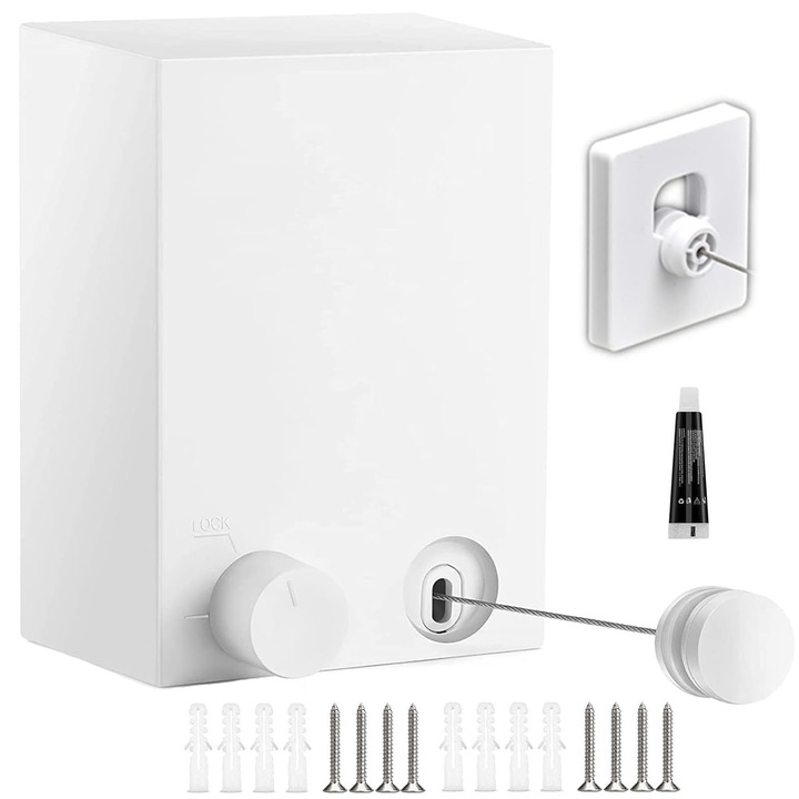 Falra szerelhető ruhaszárító, Hggzeg, 4,2 m acélkábellel felszerelt, Behúzható, Maximális teherbírás 13 kg, Könnyen szerelhető, Műanyag/rozsdamentes acél, 8,3x6x12cm, Fehér