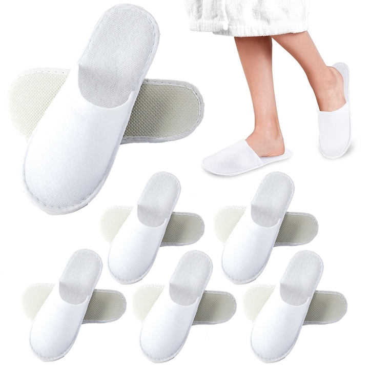 Комплект от 6 чифта хотелски чехли за еднократна употреба, Hggzeg, 28x11 см, Дебелина на подметката 6 мм, Нехлъзгащи се, Индивидуално опаковани, Идеални за плувни басейни, домове, СПА центрове, Плюс четка/EVA, Бели