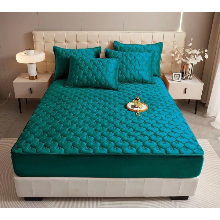 Husa de pat si 2 fete de perna, Catifea, Topper Matlasat, 160x200cm, Turcoaz