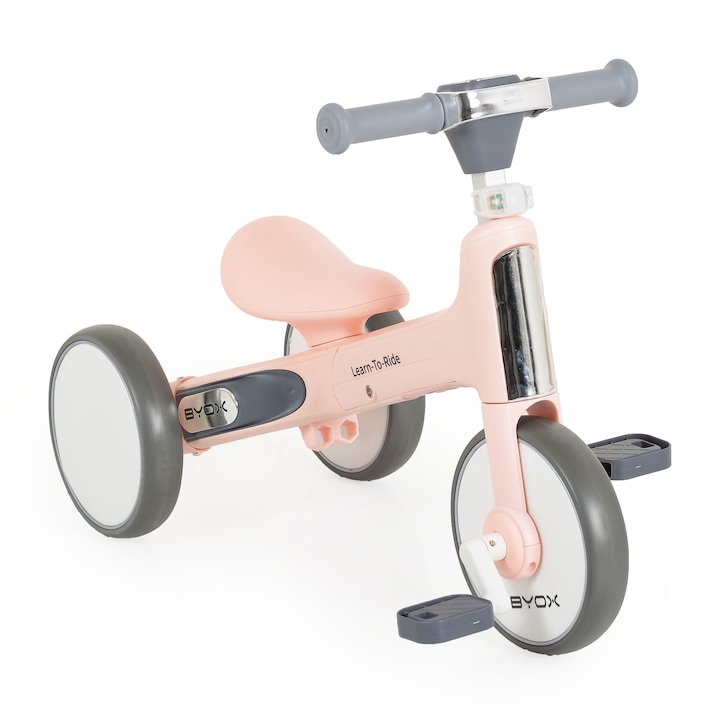 Mini tricicleta cu pedale si bicicleta de echilibru pliabila Byox Learn To Ride, cu lumina frontala, 2+ ani, pana la 30 kg, Roz
