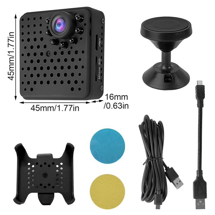 Camera de supraveghere mini Wi-Fi, Qipuneky, 1080P, noapte, 4.5x4.5cm, cu microfon, baterie reincarcabila