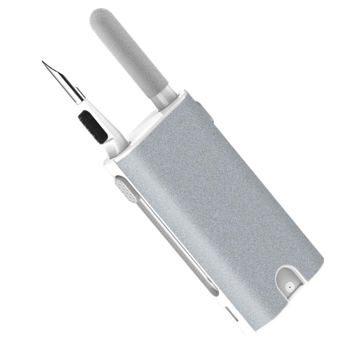 5 az 1-ben fejhallgatótisztító készlet AirPodokhoz, ABS, fém, szivacs, mikroszálas kendő, fülhallgató, vezeték nélküli fejhallgató, okostelefon, billentyűzet, többfunkciós spray, univerzális, szürke