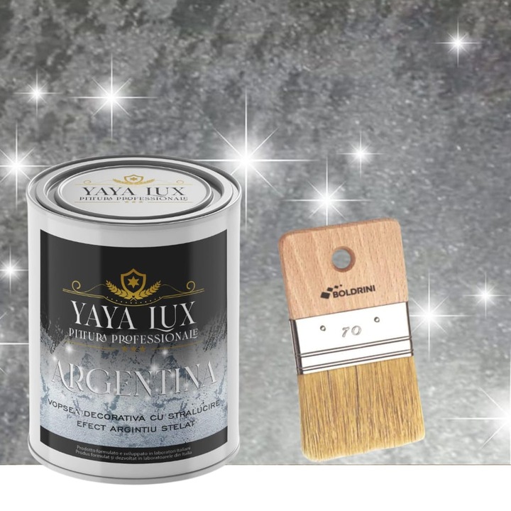 Vopsea decorativa de Lux, Argentina, cu Efect 3D Stelat, Culoare Gri Otel, 2 Litri si Pensula 70 mm, YaYa Color