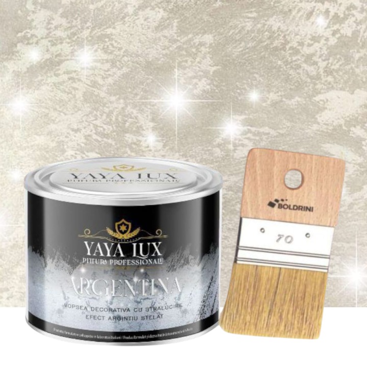 Set Vopsea decorativa de Lux, Argentina, cu Efect 3D Stelat, Bej Deschis, 0.5 Litri si Pensula 70 mm, YaYa Color