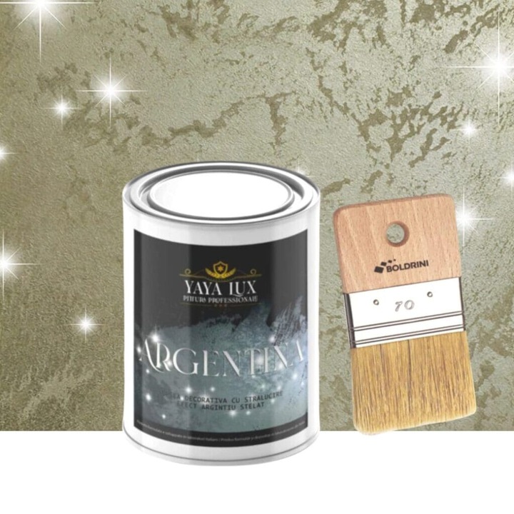 Set Vopsea decorativa de Lux, Argentina, cu Efect 3D Stelat, Gri Verzui, 0.5 Litri si Pensula 70 mm, YaYa Color