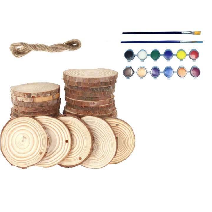 Set Decoratiuni trunchi de copac felii perforate, VeliumCraft, 6-7 cm, esenta pin 10 bucati, set 12 culori acrilice si 2 pensule incluse, cu iuta 3 m, pentru craciun, paste, evenimente