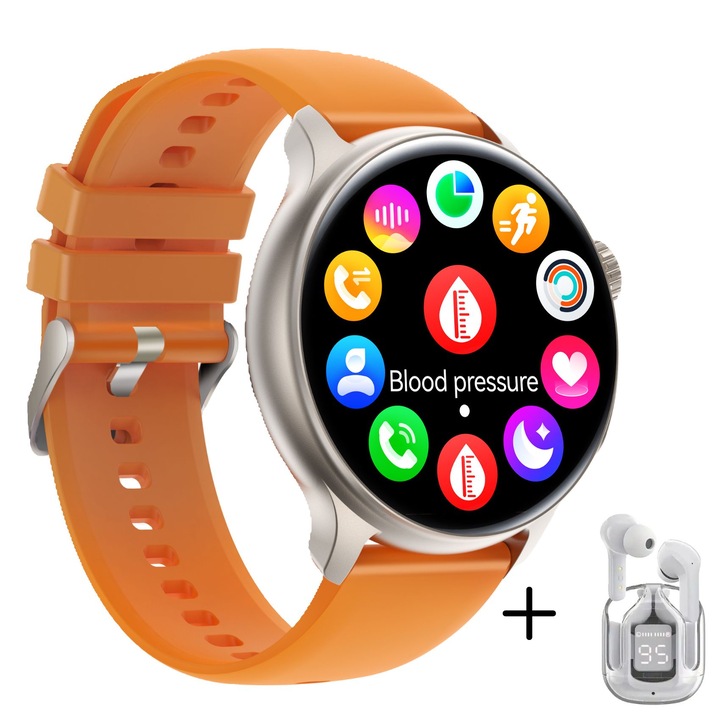 Smartwatch /Bratara fitness, Display AMOLED 1.43”, Apeluri Bluetooth, Monitorizare Sanatate, Notificari Social Media, Moduri Sportive, Rezistent la Apa, Incarcare Magnetica, Autonomie 7 Zile, Compatibil Android/iOS, Portocaliu + cadou casti VivaClear
