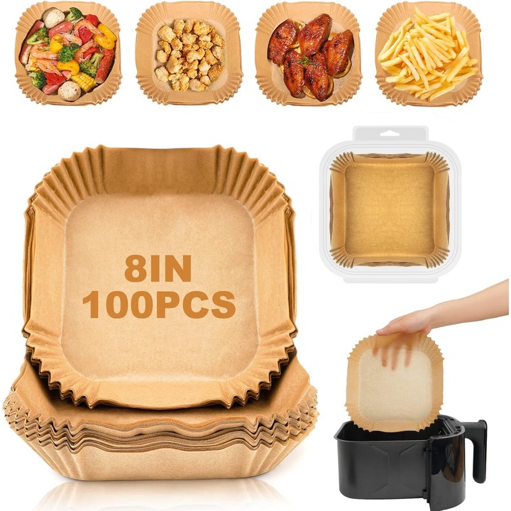 Set 100 hartie de copt de unica folosinta, Puepoul, pentru air fryer, friteuza, cuptor, rezistenta maxima 428 °C, Patrat, 8 in, Maro