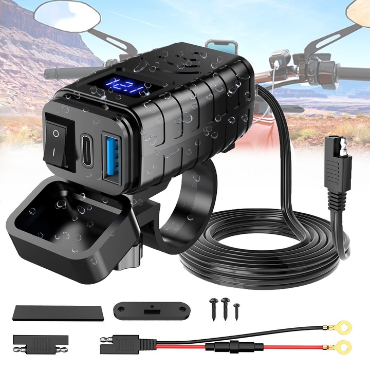 Priza pentru motocicleta, Puepoul, Compatibile cu toate dispozitivele, Incarcare rapida, Voltmetru digital, 12-24V, 18W+30W, negru