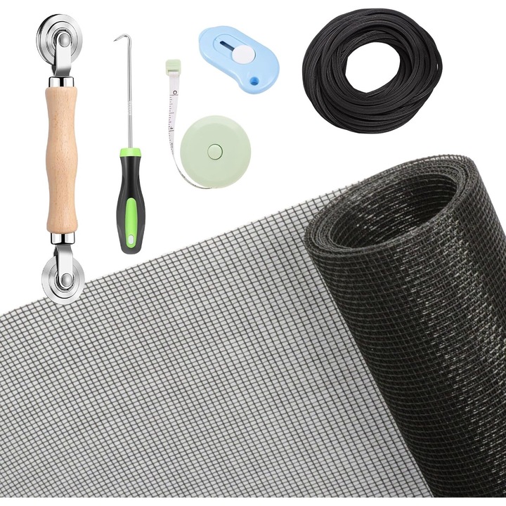 Banda adeziva pentru reparare plasa de tantari, insecte, Puepoul, Fibra de sticla, Aplicare usoara, Rezistent la temperaturi ridicate, Impermeabil, Vine cu 5 gadget-uri, 1, 2 m x 3 m, Negru