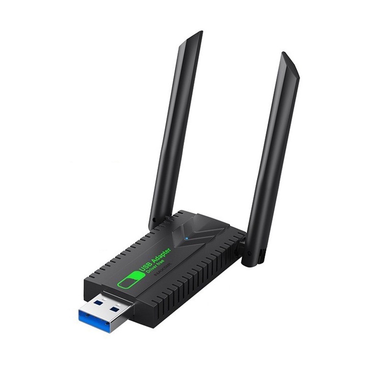 Безжичен адаптер, NAXSIR, двулентов 2.4GHz/5GHz, 1300 Mbps, 2 антени, инсталация без драйвери, USB интерфейс, черен