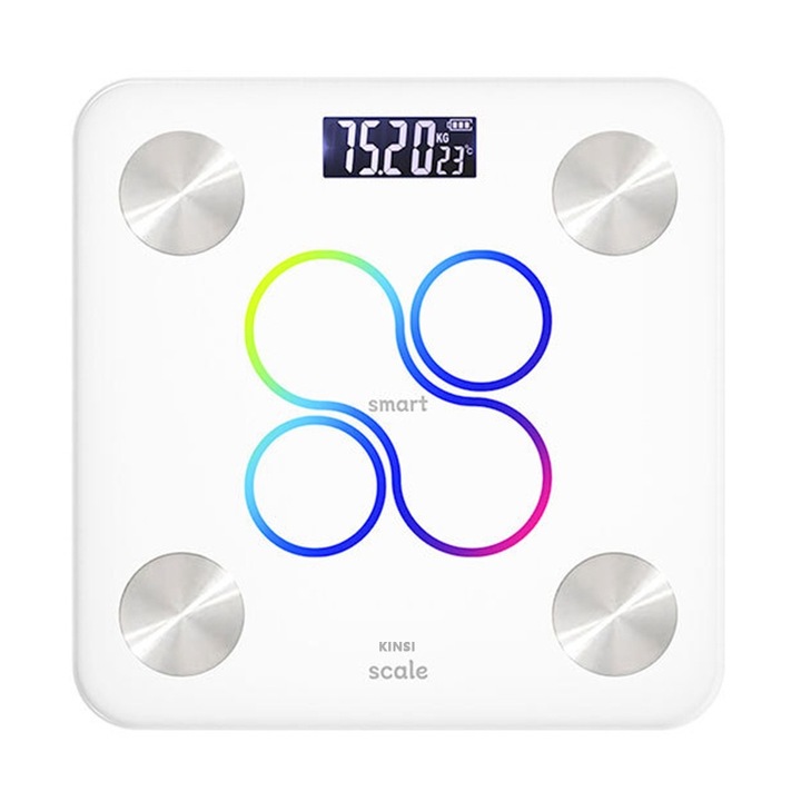 KINSI Интелигентна електронна везна, LCD екран, 27 телесни индекса, Bluetooth свързаност, против приплъзване, батерии, бял