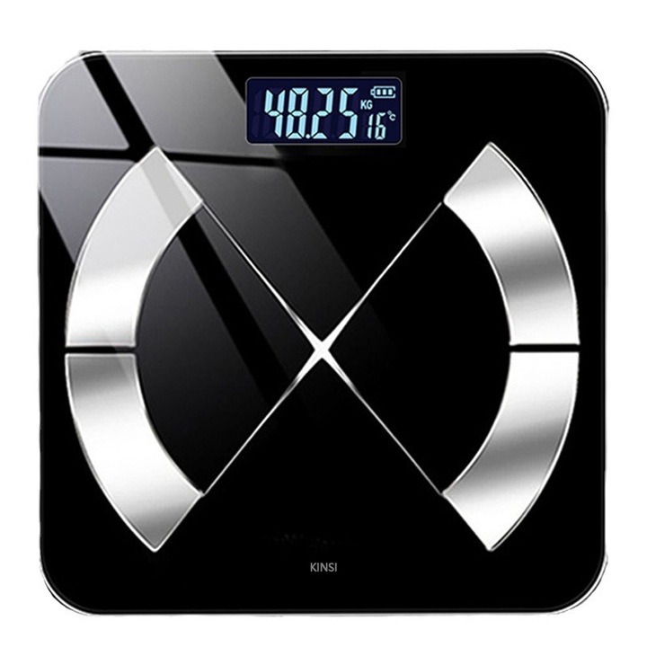 Интелигентен електронен кантар, KINSI, LCD екран, 0.2-180 кг, Приложение за фитнес проследяване, Неограничен брой потребители, Неплъзгащ се, Батерии, Черен