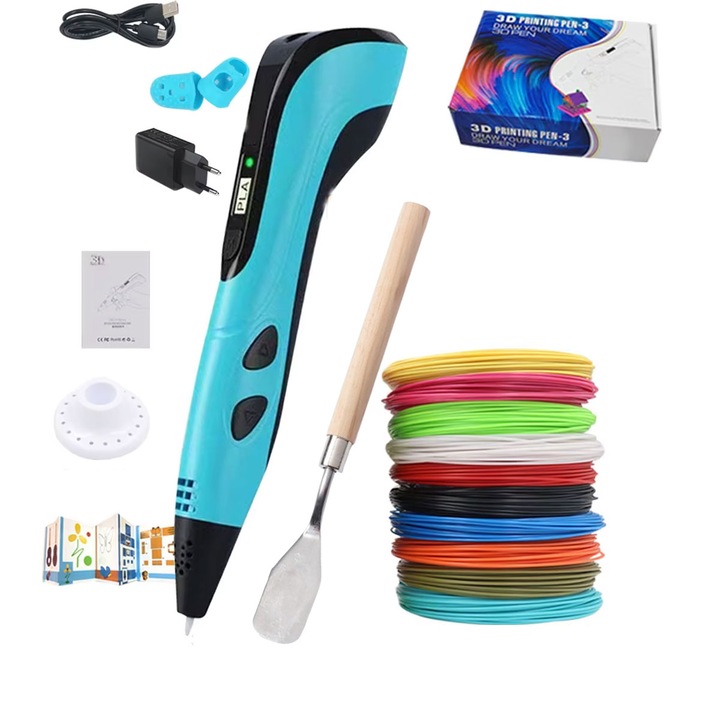 Комплект 3D писалка, JENUOS®, 50 м патрони, Защита на пръстите + Книга с шаблони, LCD, Многоцветен