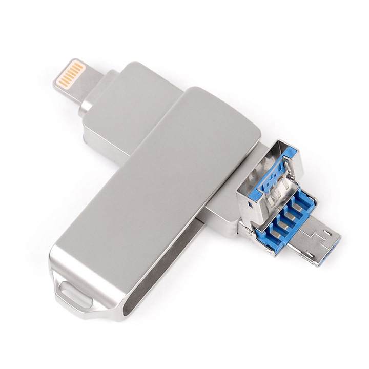 Мултифункционална памет 3в1 с капацитет 2TB, JENOUS®, Съвместима с Android и iOS 8.0 или по-нови версии, Въртяща се на 360⁰, Сребриста