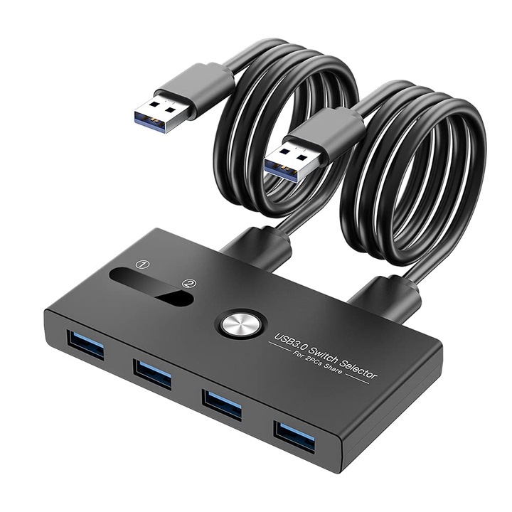 KVM хъб, USB към 4 x USB 3.0, за компютър, мишка, клавиатура, принтер, скенер, черен