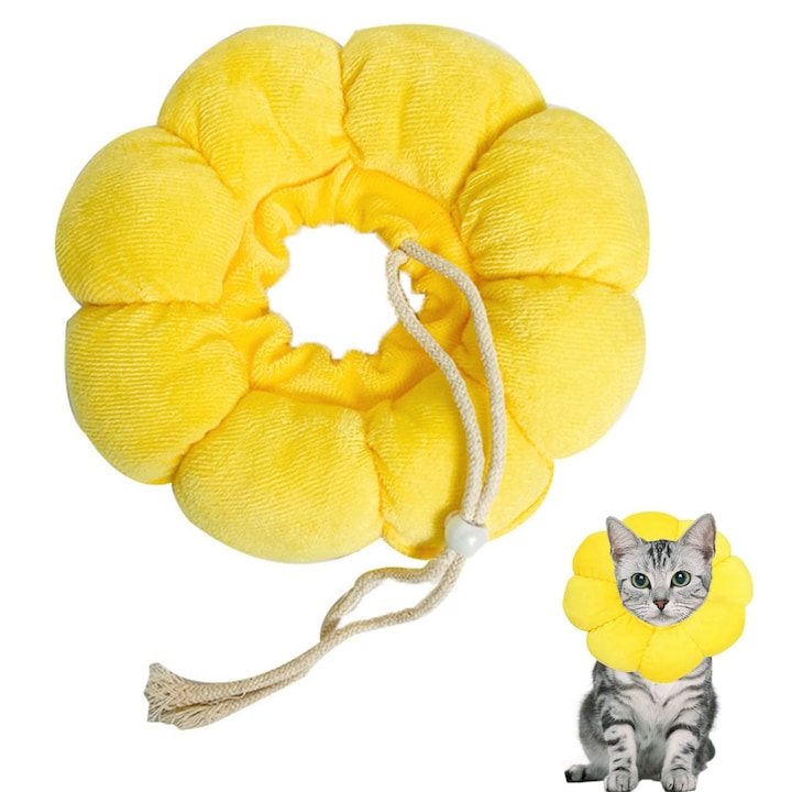 Guler de protectie pentru pisici, Bztzhm, bumbac, galben, ajustabil, diametru 26cm, pentru circumferinta gatului 18-26cm, L