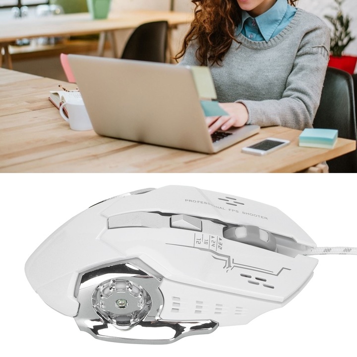 Геймърска мишка с кабел, longziming, 6 бутона, бяла, голям размер