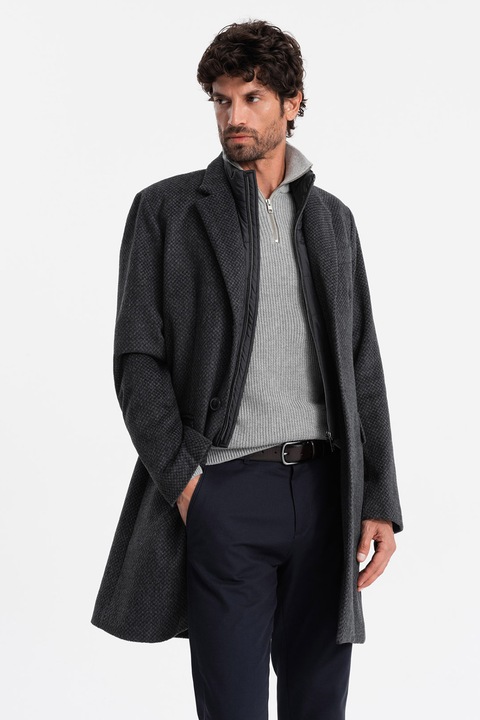 OMBRE, Palton din amestec de lana cu revere decupate, Gri inchis melange